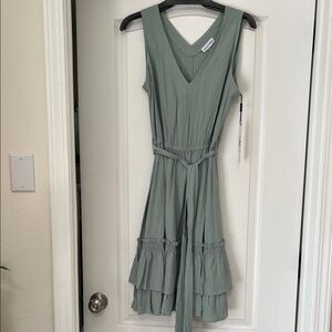 Calvin Klein Sleeveless V-Neck Sage Green Tiered Midi Dress, 10, NWT